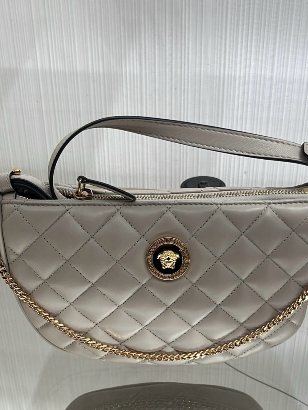 New! Versace La Medusa 1/2 Moon Bag in Light Gray